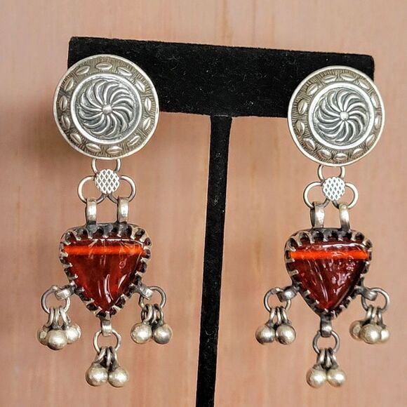 Sterling Red Handcrafted Glass Boho Artisan Drop Earrings - Picture 3 of 10